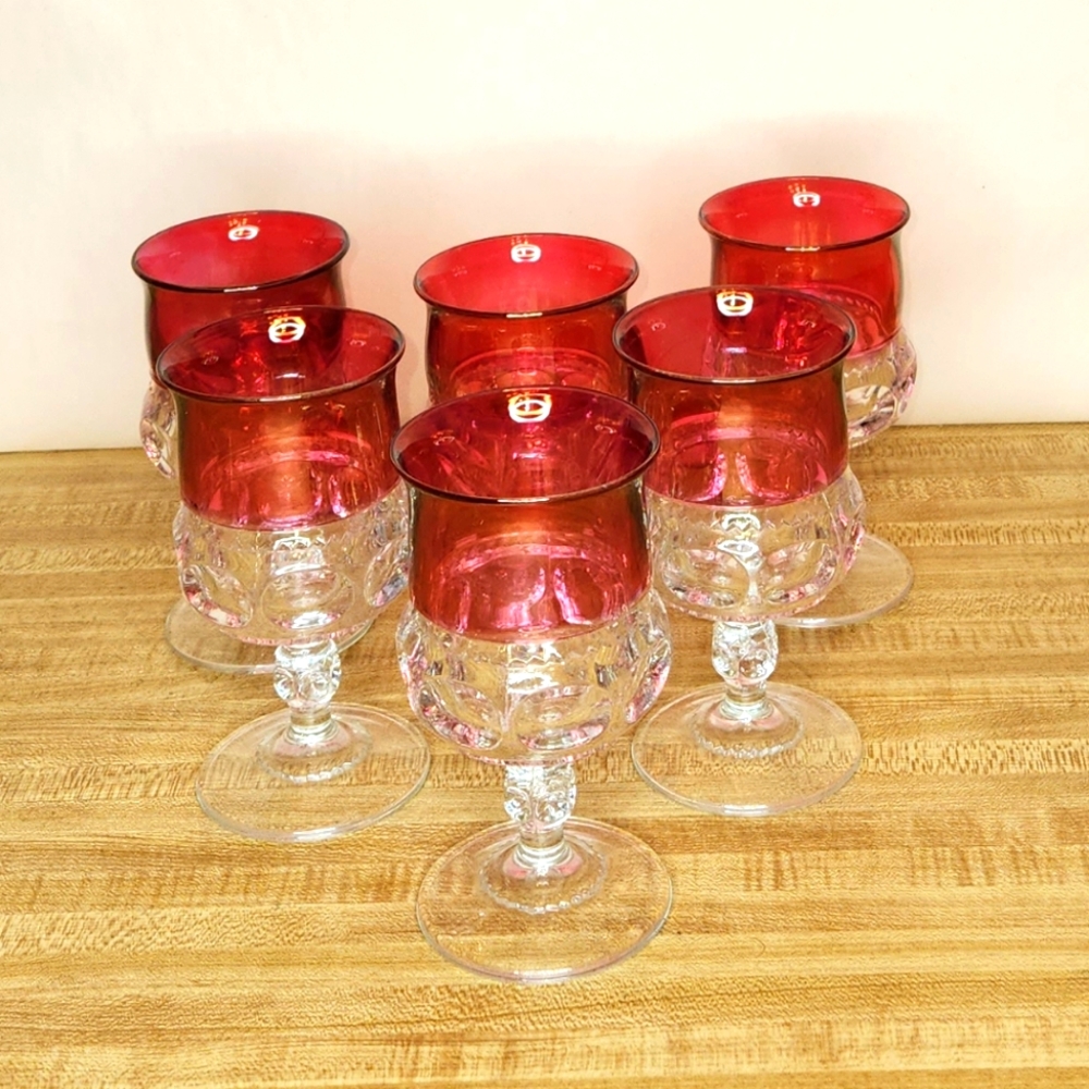 6 Indiana Tiffin King’s Crown Thumbprint Glass Ruby Globet Vintage